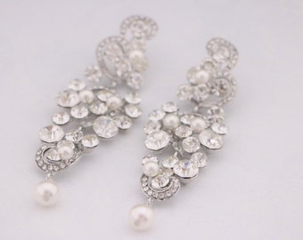 Crystal Wedding earrings Pearl Drop Bridal earrings Rhinestone earrings Chandelier earrings pearl drop Long Wedding jewelry earrings Silver