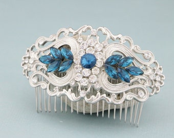 Wedding hair accessories for bun Navy blue Wedding hair comb Indicolite Crystal comb Side bridal headpiece Wedding hair jewelry Bridal comb