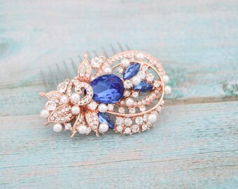 bridal hair comb side Bridal headpiece Rose gold Wedding comb Navy blue Wedding hair comb Blue hair jewelry Rhinestone Wedding hair piece