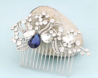 Blue hair accessories Silver Wedding hair comb Navy blue hair comb Royal Blue hair comb Side Bridal headpiece Bridal hair clip Bridal comb