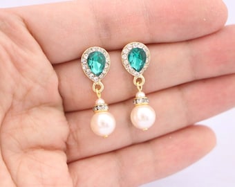 Gold Crystal earrings Wedding Pearl drop earrings Emerald Rhinestone earrings Navy blue Earrings Bridal jewelry earrings Wedding earrings