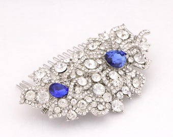 Blue Hair Accessories Flower and Leaf Hair Comb Navy blue Wedding hair comb updo Silver Wedding hair accessories for bun Bridal hair comb