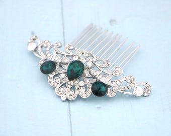 Emerald Crystal hair comb Silver Wedding hair comb Bridal hair accessories for bun Bridal hair comb updo Wedding headpiece Navy blue hairpin