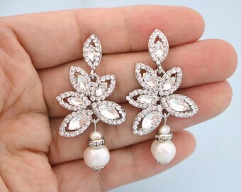 Pearl Drop Bridal Earrings, Crystal Wedding Dangle Jewelry, Rose Gold Tone Long Pearls Earrings wedding chandelier earrings Gold earrings