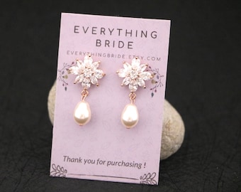 Pearl and Crystal Bridal Jewelry Rose Gold Bridal Pearl Earrings gold earrings wedding Crystal earrings CZ Bridal earrings Wedding earrings