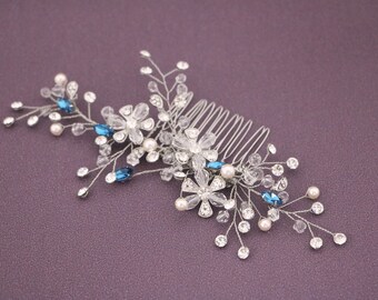 Rose Gold Bridal Headpieces Crystal and Pearl Bridal Comb Wedding Hair Accessories for Bun Blue hair jewelry Navy blue Wedding haircomb Boho