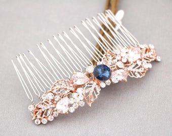 Rose gold Wedding hair comb Blue hair jewelry Wedding hair clip Gold veil comb Sapphire Blue hair comb Silver Bridal hair comb Rhinestone