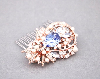 Silver Rhinestone Bridal Hair Comb Indicolite Blue Crystals Navy Wedding Headpiece Bridal hair clip Rose gold Bridal hair clip Sapphire comb