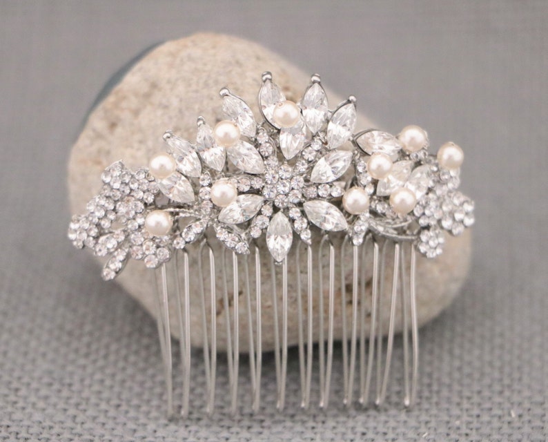 Bridal hair comb Side bridal headpiece Rhinestone hair piece Wedding hair comb Crystal hair comb Pearl drop Wedding earrings Wedding comb in image 9