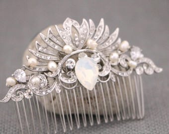 White opal Silver Bridal hair comb Pearl Wedding headpiece Rhinestone Bridal hairclip Crystal Wedding hair accessories Navy Blue bridal comb