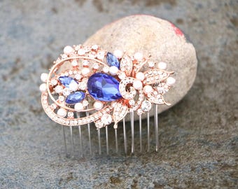 Sapphire Crystal hair comb Rose gold Wedding comb Pearl Wedding hair accessories Navy blue Bridal hair comb updo Gold veil comb Blue jewelry