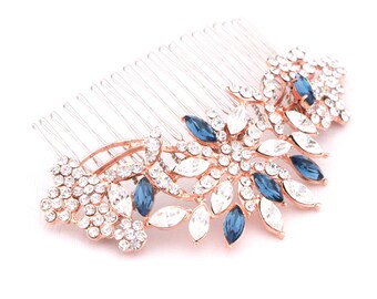 Rose gold Wedding hair comb Blue hair accessories Gold veil clip Wedding hair accessories Bridal hair clip Navy blue Wedding comb Bridal