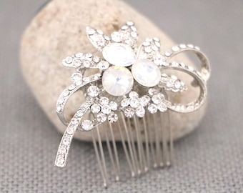 wedding hair comb silver Wedding hair accessories for bun White opal Bridal hair comb updo Wedding headpiece Side bridal comb Navy blue comb