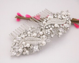 Crystal and Pearl Bridal Comb Large Wedding hair comb Side bridal headpiece Wedding hair jewelry Bridal hair accessories for bun Wedding