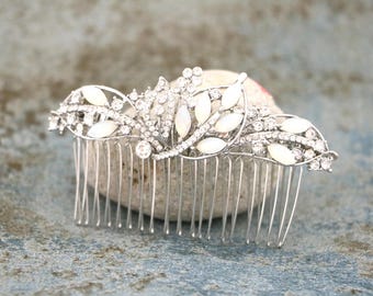 Blue Crystal Bridal Hair Comb: Silver Rhinestone Wedding Hairpiece White opal Wedding hair clip Bridal hair accessories Wedding hair comb