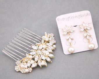 Pearl drop Wedding earrings Gold veil comb Side Bridal headpiece Wedding hair jewelry Bridal hair accessories for bun Wedding hair comb Boho