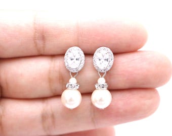 Silver wedding earrings for brides floral Pearl drop earrings Crystal earrings CZ Bridal earrings Rose gold earrings Bridesmaid earrings