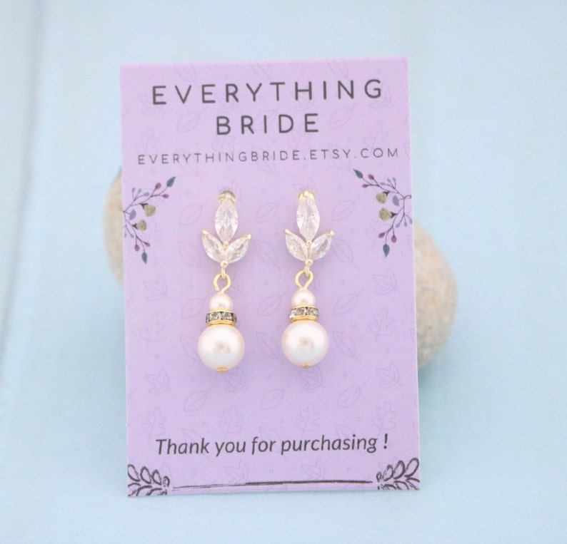 Wedding earrings for bridesmaids Pearl drop Bridal earrings Cubic Zirconia Gold Drop earrings rose gold earrings wedding jewelry earrings Gold tone