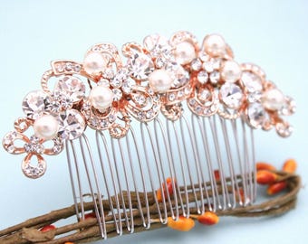 Rose gold Wedding hair piece pearl drop wedding earrings Bridesmaid hair piece Wedding hair clip Gold veil comb Crystal Bridal earrings Side