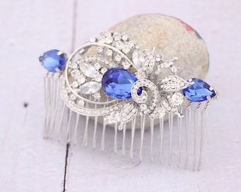 Sapphire Crystal Rhinestone Hair Comb Silver Wedding headpiece Navy blue Wedding hair accessories Blue Bridal hair clip Wedding hair comb