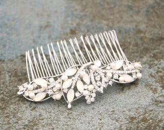 White opal Wedding hair comb Pearl side comb Bridal hair jewelry Wedding hair clip Navy blue Wedding comb Crystal Bridal hair comb Headpiece