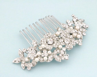 Rhinestone Pearl Bridal Hair Comb: Silver Wedding Headpiece Crystal Bridal hair clip Wedding hair jewelry Bridal hair accessories Pearl comb