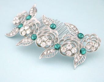 Bridal Hair Comb: Navy Crystal Rhinestone Wedding Headpiece Green Wedding hair clip Navy blue Bridal hair clip Sapphire Wedding comb Bridal