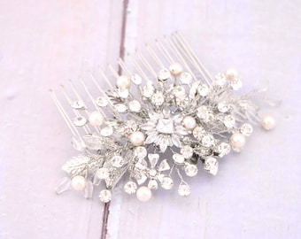 Rhinestone Pearl Bridal Hair Comb: Silver Wedding Hairpiece Boho headpiece Gold hair piece Rose gold Bridal hair clip Wedding hair comb Side