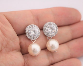 wedding earrings dangle Silver wedding earrings for mother of bride Crystal bridal earrings drop pearl earrings CZ earrings Wedding jewelry