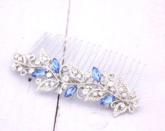 Gold Floral Bridal Hair Comb: Sapphire Rhinestone Hairpiece Pearl drop Bridal earrings Crystal Wedding hair clip Rose gold Wedding earrings