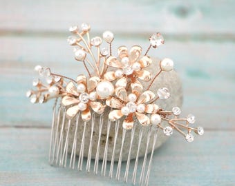 Rose Gold Wedding Hair Comb: Crystal Pearl Bridal Hair Piece Bridal hair clip Wedding hair accessories Gold veil comb Crystal headpiece Boho