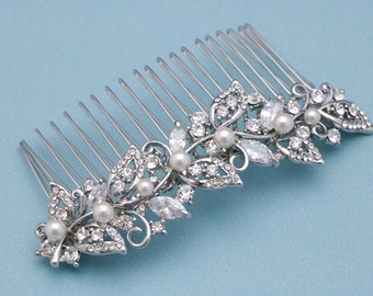 Silver Wedding hair comb Pearl side headpiece Wedding hair accessories floral Bridal hair comb Rhinestone Wedding hair piece Wedding comb in