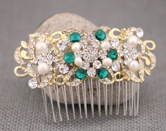 Pearl Comb Hairpiece Wedding Hair Accessories for Bun Rose gold Wedding hair comb updo Navy blue Gold veil comb Green Crystal hair comb Side