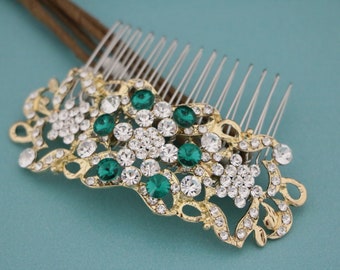 side bridal headpiece something blue hair comb blue hair clip wedding hair accessories Gold veil comb Wedding hair jewelry Bridal comb Green