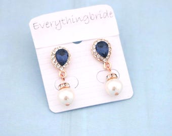 Bridal earrings Pearl and Crystal earrings Navy blue earrings Rhinestone earrings Wedding jewelry earrings Gold Pearl earrings Boho earrings