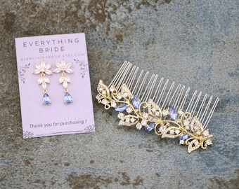 Blue Crystal Bridal Comb Bridal Hair Comb Small Rhinestone Side comb Wedding hair jewelry Rose gold Bridal hair comb Blue drop earrings Blue