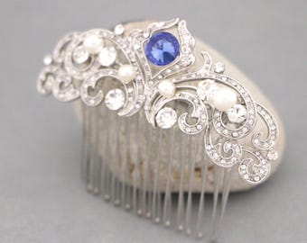Sapphire Crystal Bridal Hair Comb, Silver Rhinestone Wedding Headpiece Blue Wedding hair clip Silver Wedding comb Bridal hair piece Wedding