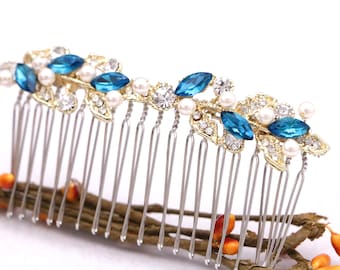 Sapphire Blue Crystal Bridal Hair Comb, Rhinestone Pearl Wedding Headpiece Rose gold Wedding hair clip Navy blue hair comb Gold veil comb