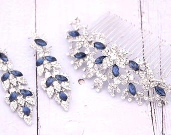 Navy blue Wedding hair comb and Blue Bridal earrings set Silver Bridal hair comb Navy blue Wedding earrings Crystal hair comb Headpiece Boho