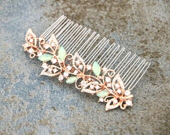 Pacific opal Wedding hair comb Side Wedding headpiece Bridal hair comb Navy blue Wedding comb Blue hair jewelry Green Rose gold hair comb