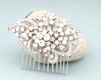 Pearl Wedding Hair Comb, Silver Bridal Headpiece Bridal hair clip Wedding hair accessories Bridal hair comb Crystal Wedding comb Bridal comb