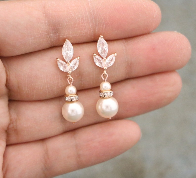 Wedding earrings for bridesmaids Pearl drop Bridal earrings Cubic Zirconia Gold Drop earrings rose gold earrings wedding jewelry earrings image 4