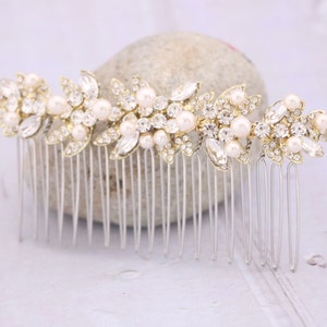 Gold Bridal hair comb with pearl drop Wedding earrings Blue hair jewelry earrings Wedding hair comb Vintage style Wedding comb Earrings Boho image 2