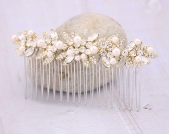 Gold Floral Hair Comb bridal hair comb updo Pearl Crystal Bridal Hair Pieces Wedding Hair Accessories for Bun Pearl drop Wedding earrings