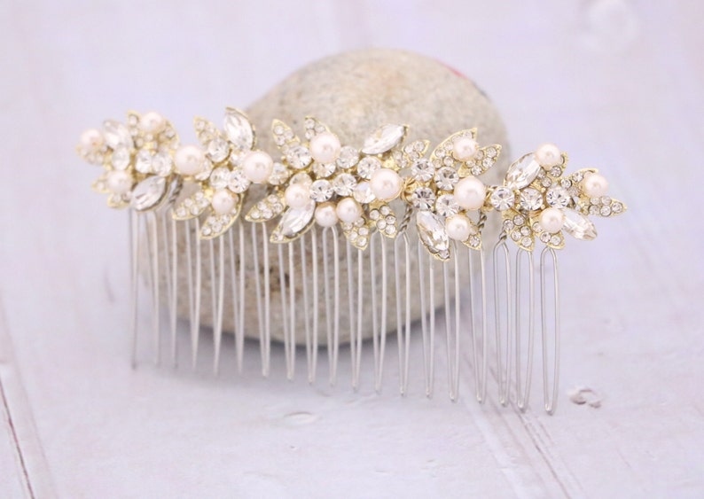 Gold Bridal hair comb with pearl drop Wedding earrings Blue hair jewelry earrings Wedding hair comb Vintage style Wedding comb Earrings Boho image 2