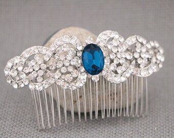 Bridal Hair Comb – Sapphire Crystal Wedding Headpiece Silver Bridal hair clip Navy blue Wedding comb Indicolite Rhinestone hair comb Wedding