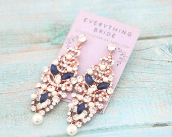 Navy Sapphire Crystal Chandelier Bridal Earrings, Pearl Drop Wedding Jewelry Rose gold Wedding earrings Navy blue Rhinestone earrings Bridal
