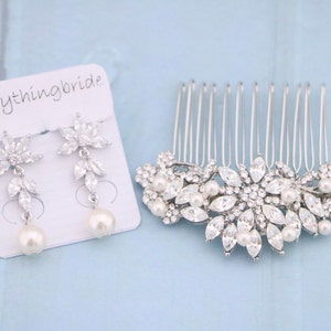 Bridal hair comb Side bridal headpiece Rhinestone hair piece Wedding hair comb Crystal hair comb Pearl drop Wedding earrings Wedding comb in image 1