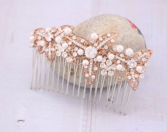 rose gold rhinestone hair comb pearl wedding hair accessories Side Bridal headpiece Wedding comb Gold veil comb Silver Bridal hair comb Boho