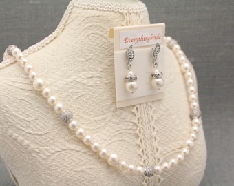 Wedding necklace and earring set Bridal necklace earring Pearl necklace bridesmaid Rhinestone necklace silver Bridesmaid necklace stone boho